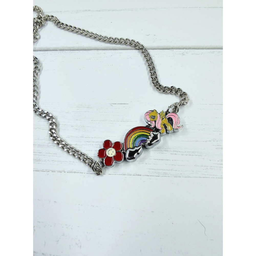 18 Inch Titanium Chain Necklace W/ Whimsical‎ Unicorn, Flower & Rainbow Pendant